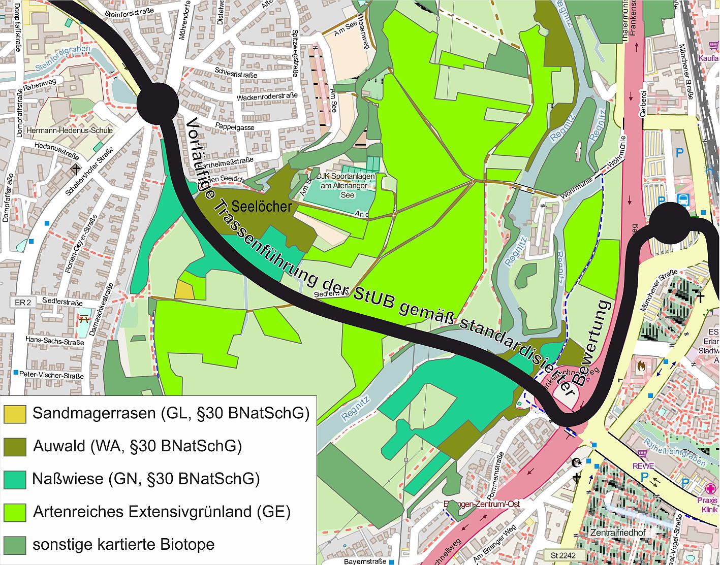 geplante Trassenführung der StUB durch schützenswerte Biotope