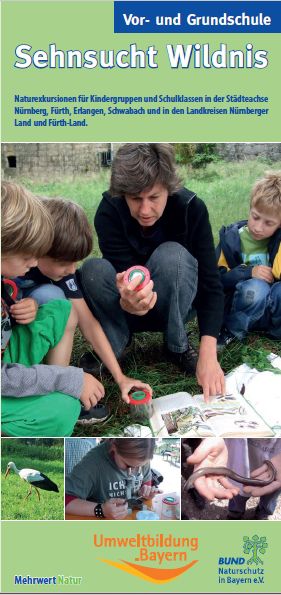 Sehnsucht Wildnis ist ein landesweites Projekt, in dessen Rahmen der Bund Naturschutz jungen Menschen den Zugang zur Natur ermöglichen will. Flyer für Grundschulen